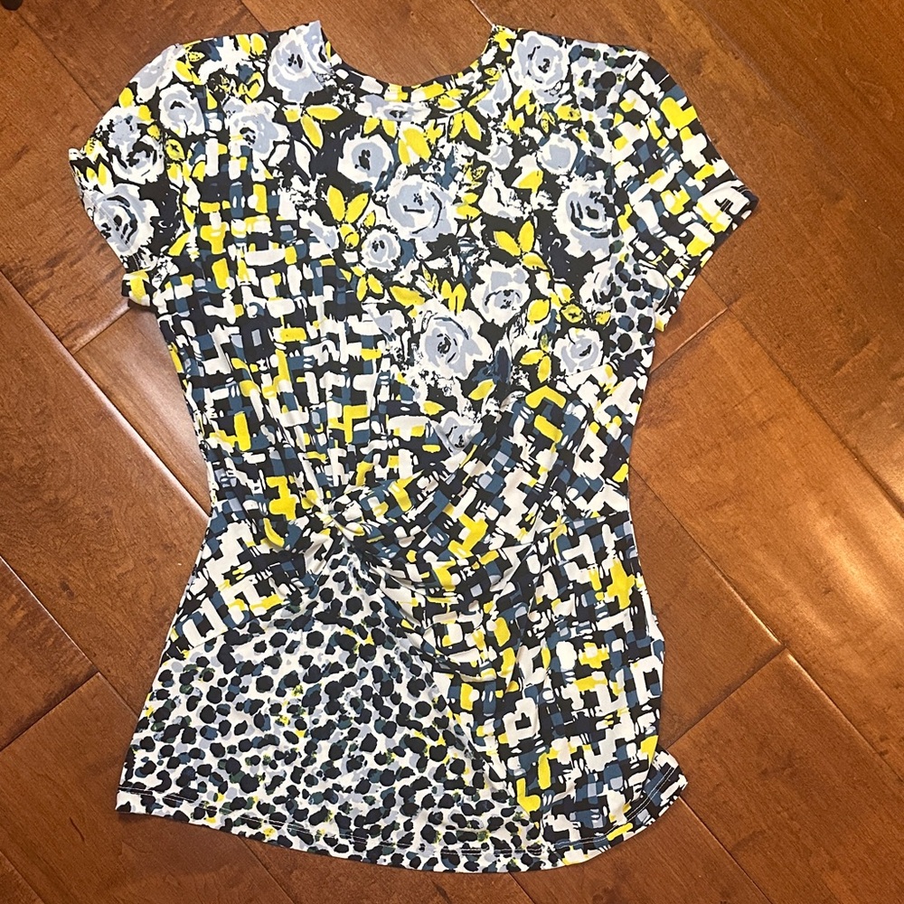 DKNY Short-Sleeve Mixed Print Top in Yellow, Black, Blue & White